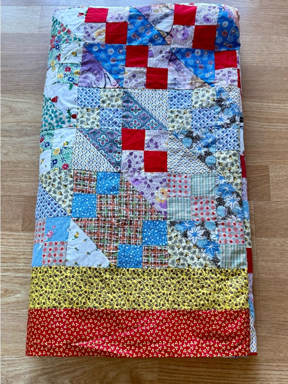Very Large Colorful Vintage Homemade Hand Stitched Patchwork Quilt Top 106x93 - Picture 11 of 12